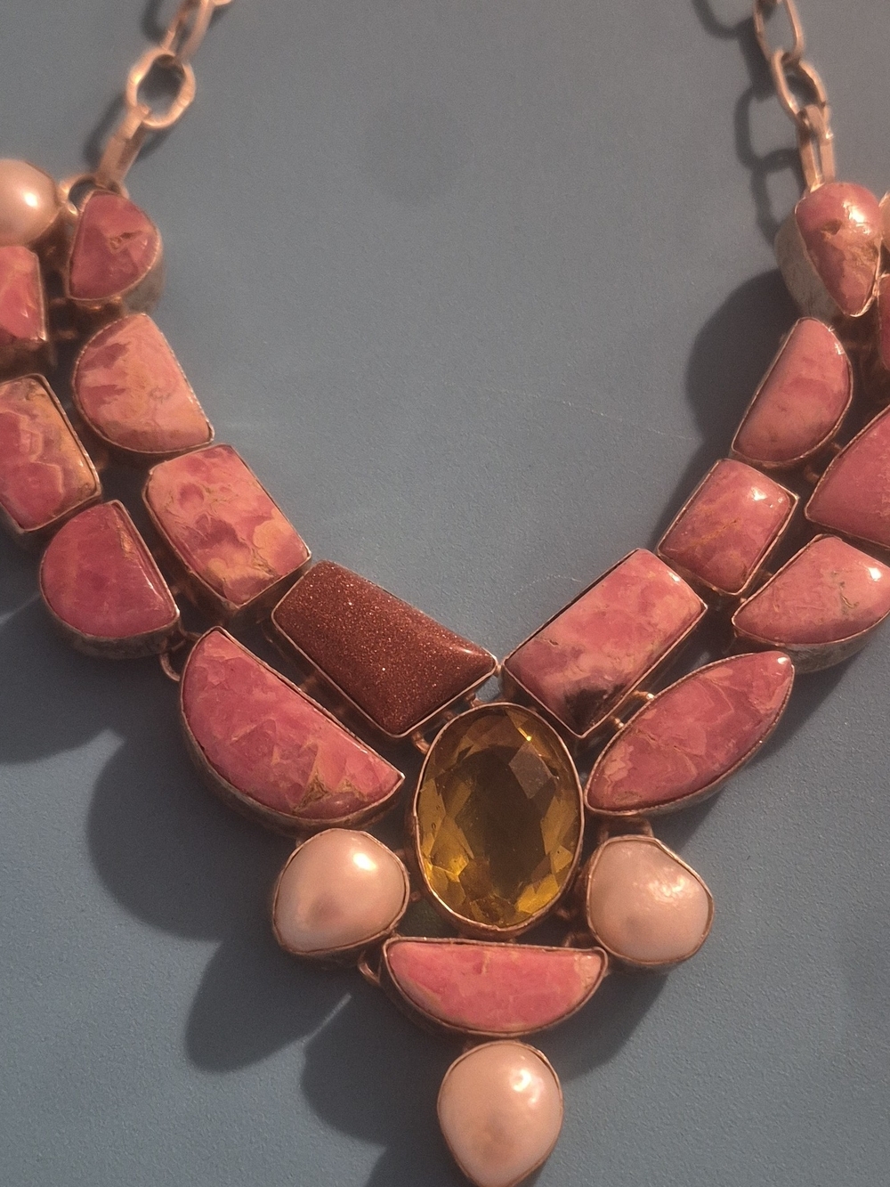 Pink Statement Bib Necklace with Yellow Center Stone